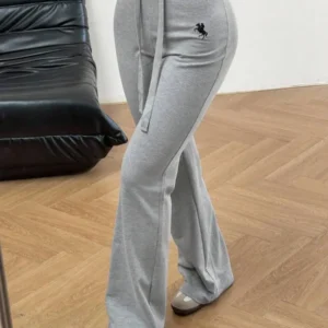 Women's Gray Knitted Flare Sweatpants with Drawstring Waist