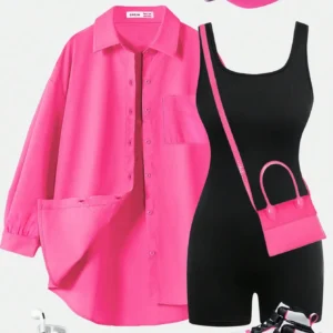 Hot Pink Oversized Button Down Shirt & Black Bodysuit Shorts Set